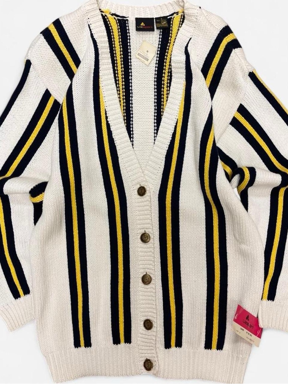Vintage Lizsport NWT Cotton Cream Knit Striped Navy & Yellow V Neck Cardigan S